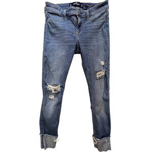 Hollister Women Distressed Low Rise Legging Crop Jeans Cuff Hem Denim Sz 5R Blue